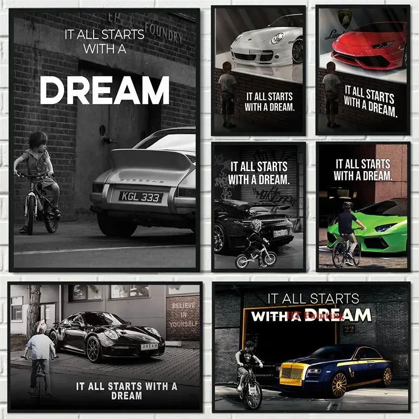 Canvas Painting Supercar Lambo Rolls Royce It All Starts With A Dream Motivational Quotes Poster Wall Pictures Home Office Decor