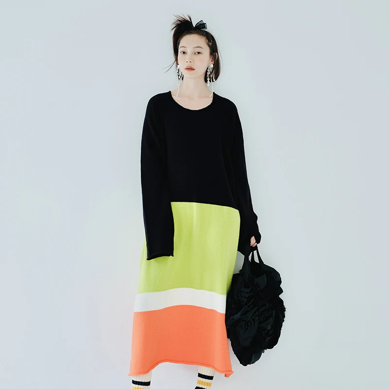 imakokoni autumn and winter stretch mohair colorblock woven dress plus size striped knitted skirt 223821