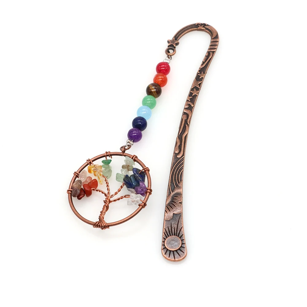 Natural 7 Chakra Quartz Crystal Beads Reiki Tree Of Life Stone Book Mark Vintage Metal Bookmark Jewelry For School Office Decora