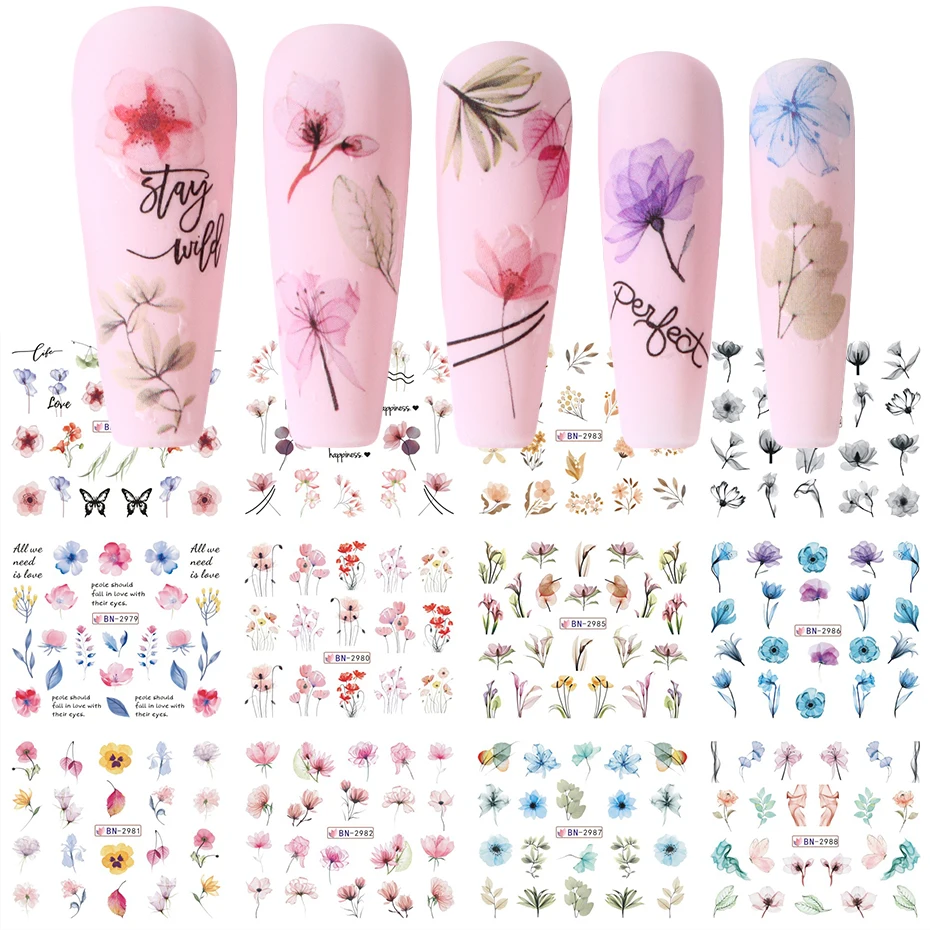 12pc Spring Flowers Nail Sticker Ink Blooming Floral Design Simple Flower Leaves Water Decals Watercolor Sliders for Nails Decor