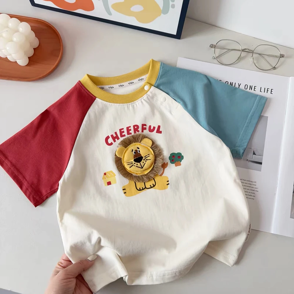 

Contrast Color Kids T-shirts 2026 New Summer 3D Lion Cartoon Short Sleeve T-Shirt for Girls Boys Casual Children Tees Tops