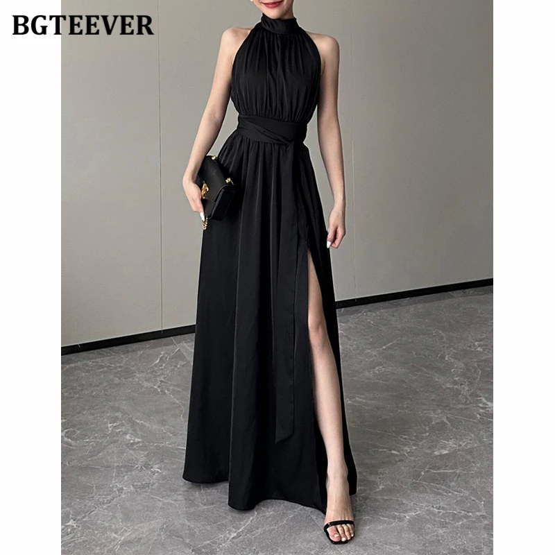 

BGTEEVER Spring Summer Fashion Halter Ladies Split Floor-Length Solid Dress Elegant Slim Waist Women Sleeveless A-line Dress