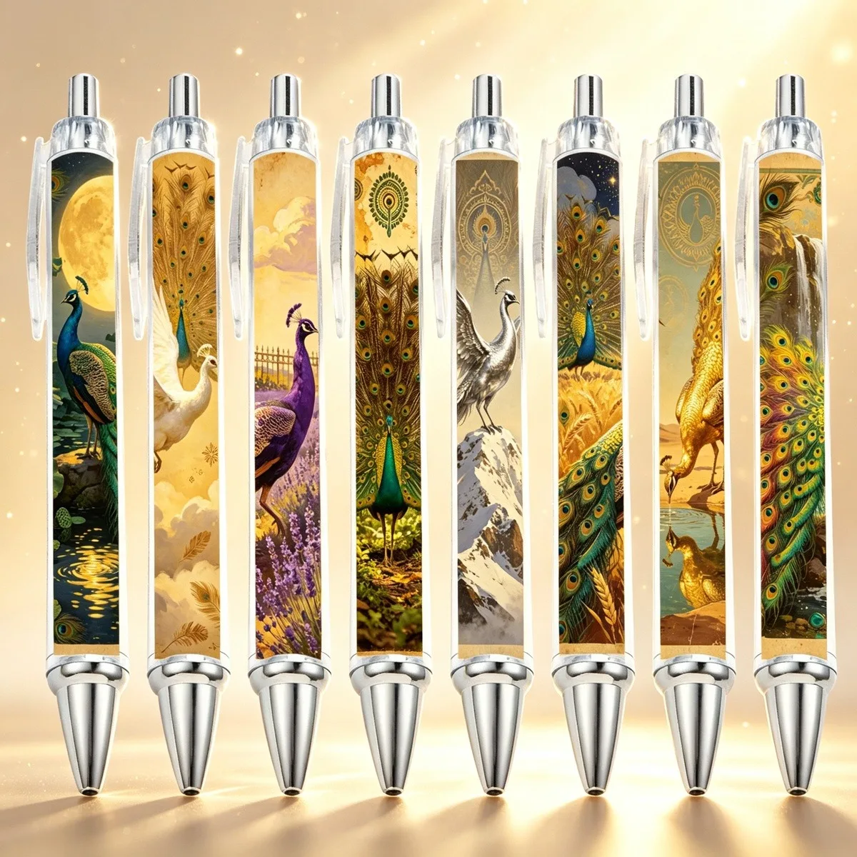 8/12 PCS Gilded Elegant Peacock Opening-Display Pattern Round Beads Pens. Pattern is random.