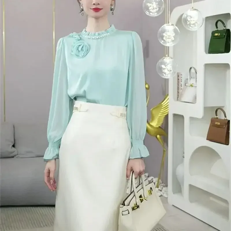 

Женская дизайнерская рубашка с 3D цветком, элегантные топы с рюшами на шее и кисточками, офисные женские 364P, осенняя роскошная блузка с жемчугом высокого класса