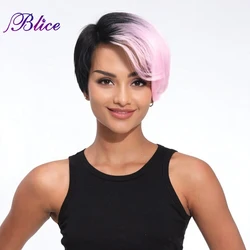 Blice Short Synthetic Wig Mix Color Red Blackpink Colorful Wigs Left-Side Bang Natural Curly Machine Made Wig For Women