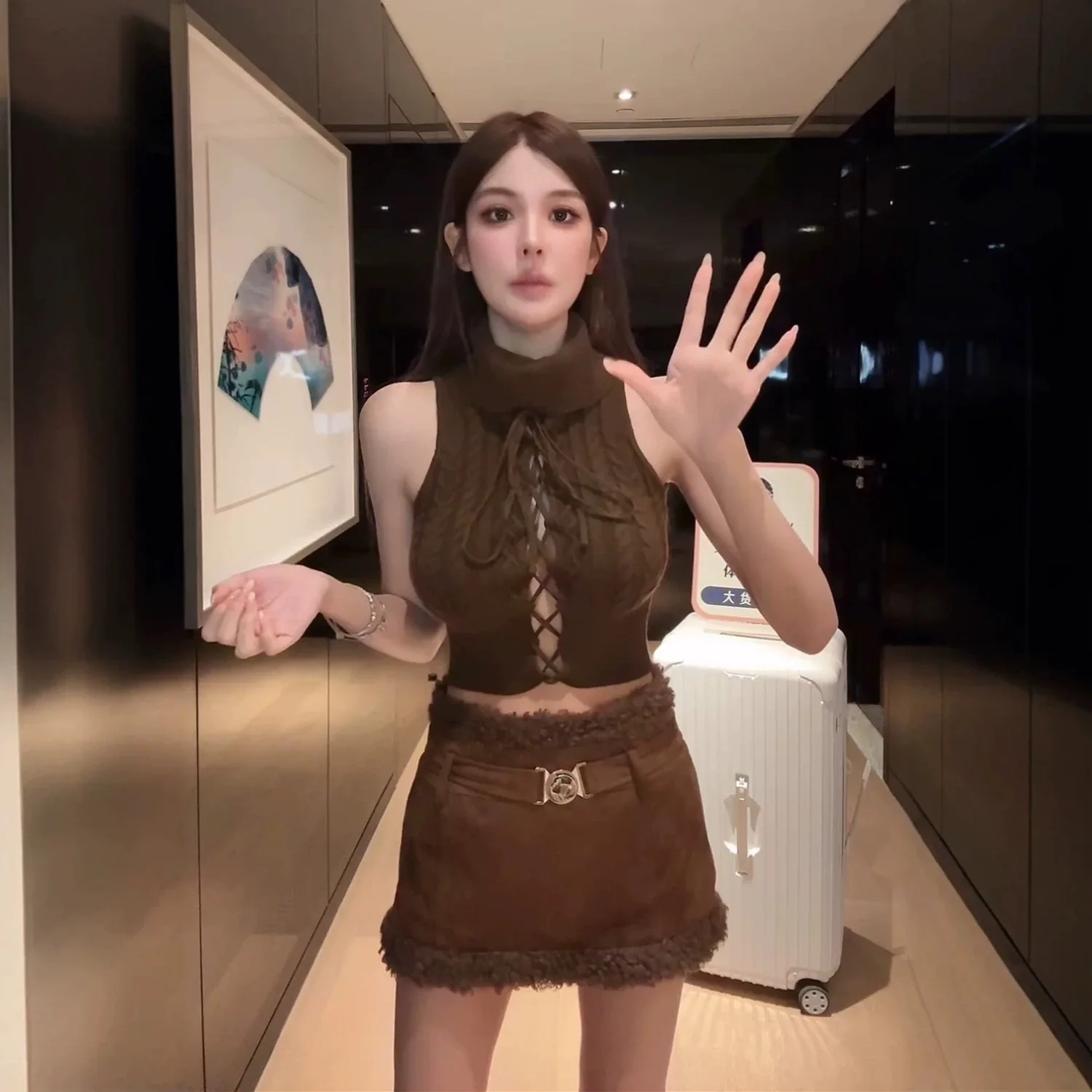 

Зимний комплект 2025: Новый винтажный вязаный жилет и юбка из искусственного замшевого меха для женщин (для взрослых)