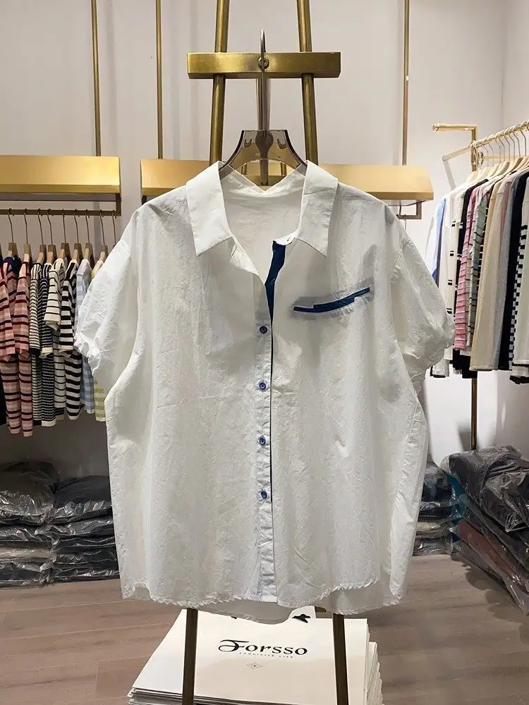 

New Korean Style Women's Color-block Button Pocket Lapel Shirt White Ruffled Short Sleeve Casual Loose Comfortable Summer Top