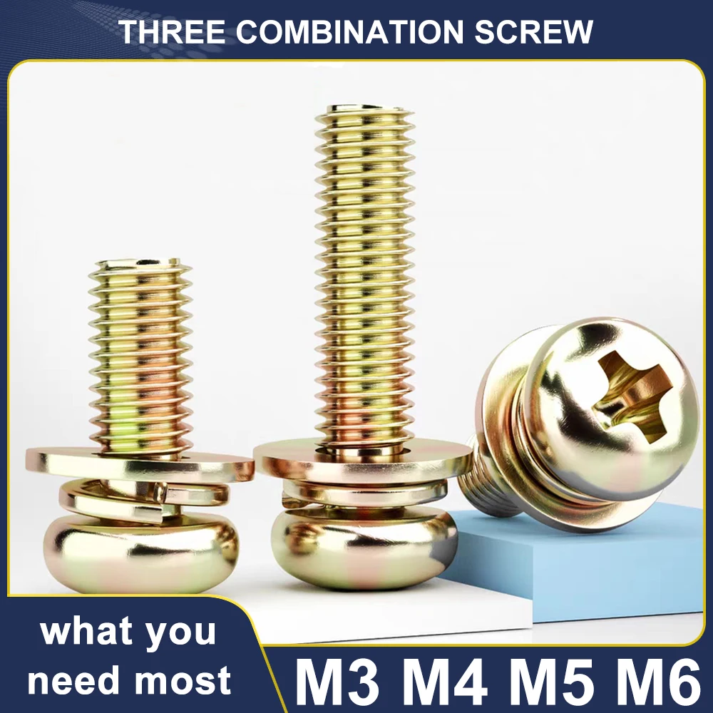Color Zinc Phillips Round Head Three Combination Screw Plated Carbon Steel Round Head Screw Washer Spring Washer Three Combinate