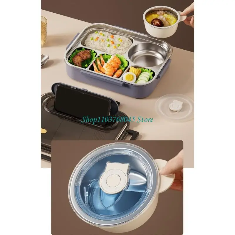 R53F Stainless Steel Thermal Lunch Container With Soup Bowl Spoon Chopsticks 5 Compartment Insulated Divided Bentos Box Set