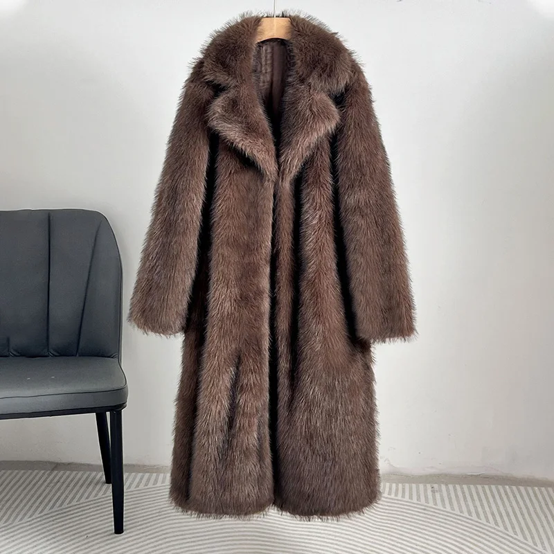 TARUXY Winter Female Faux Fur Overcoat Luxury Lapel Loose Fashion Commute Keep Warm Long Sleeve Outwear Women's Faux Fur jacket