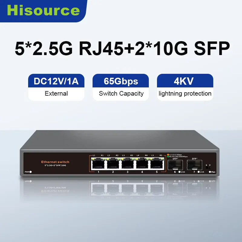 

Hisource 5 Port 2.5G Ethernet Switch None POE Network Switch with 2*10G SFP Port