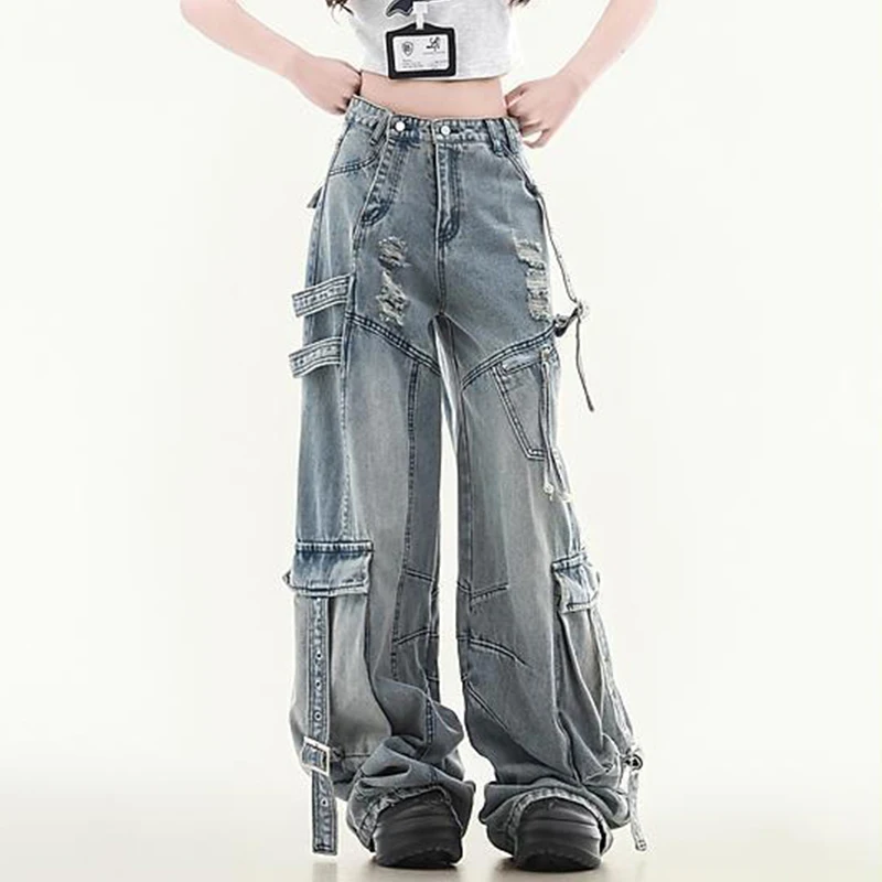 Women American Vintage Jeans Street Casual Wide Leg Denim Pants High Waisted Deconstructed Ripped Harajuku Y2K Loose Pants