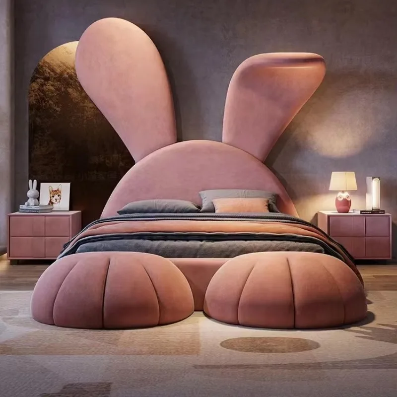 Pink Princess Solid Wood Kids Bed with Cartoon Rabbit Headboard, Multi-Functional Light Luxury Modern Girl Bedroom Furniture