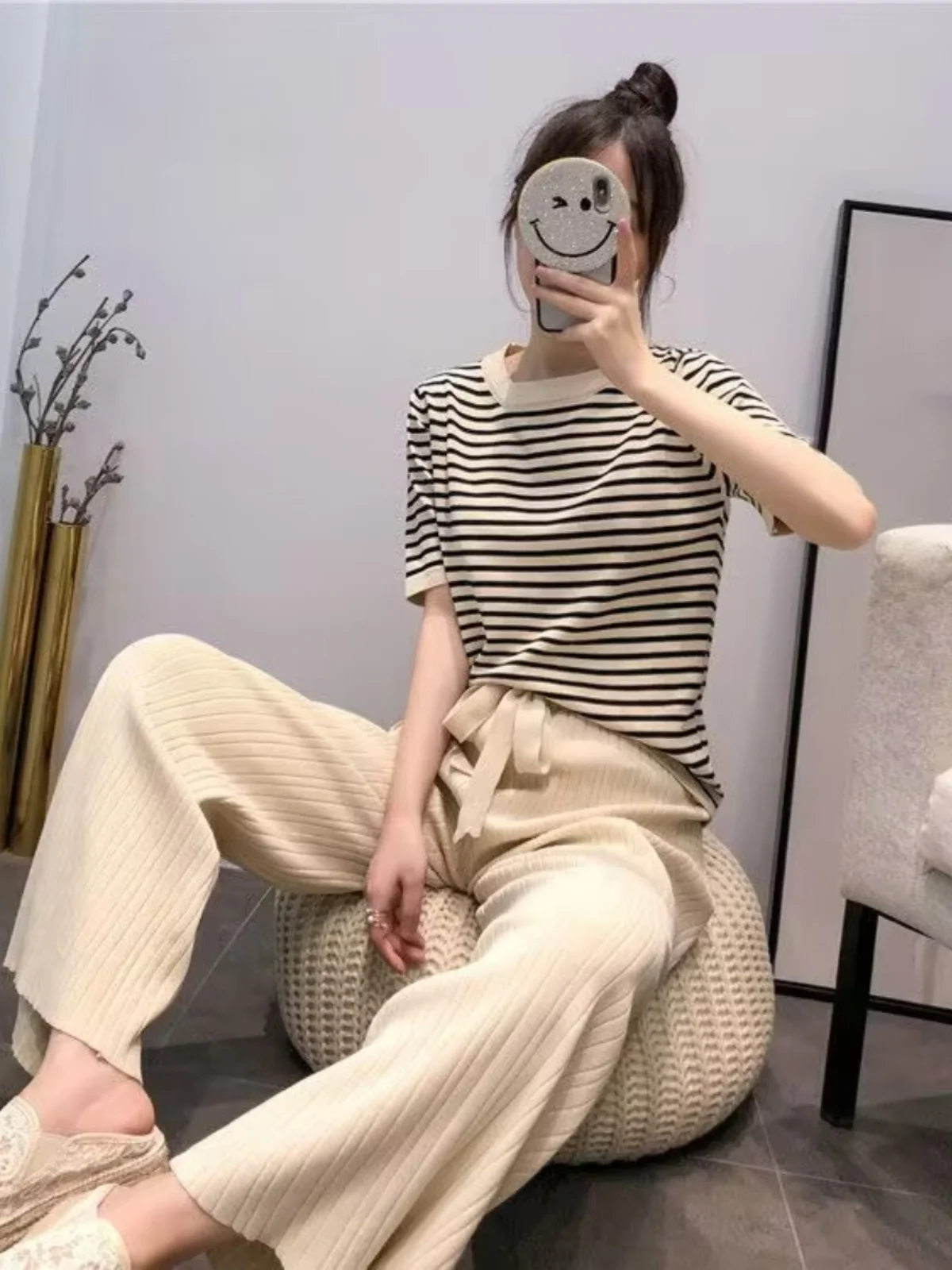 

Fashionable Korean Style Wide Leg Pants Short Sleeve Casual Women's Two Piece Set Summer 2026 Trendy Anti-Aging plus Size