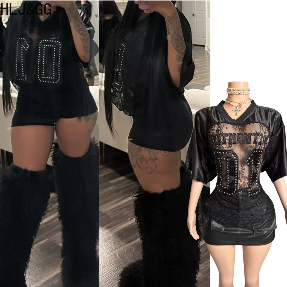 HLJ&GG Sexy Lace Splicing Letter Print Loose Tshirts Women V Neck Short Sleeve Straight Tops Fashion See Though Club Streetwear