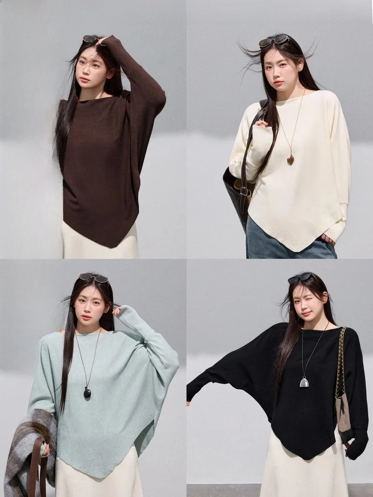 

Теплый свитер оверсайз с асимметричным подолом в стиле кэжуал для полных женщин, осень-зима, смесь хлопка и полиэстера