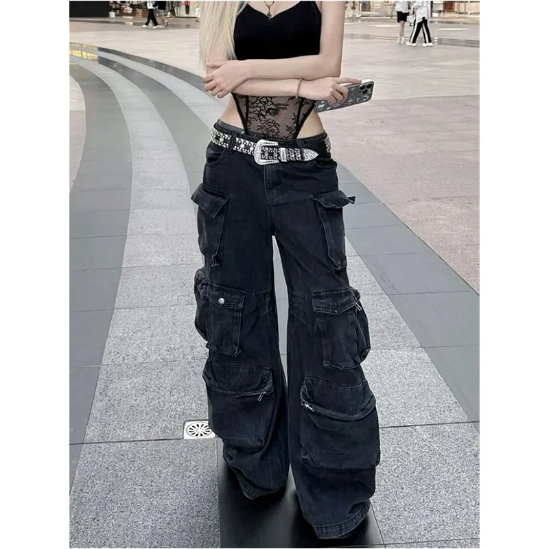 American Retro High Street Jeans Donna Casual 2000s Streetwear Tasche multiple Pantaloni larghi in denim Y2K Pantaloni larghi a gamba larga Grunge