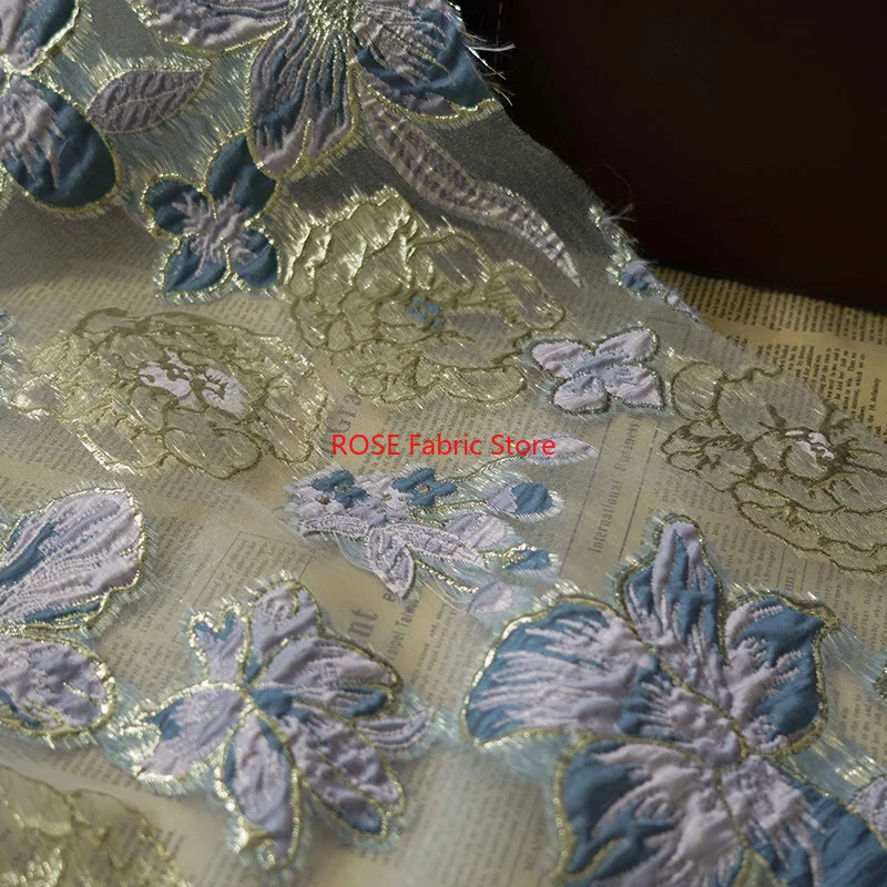 

1 meter Slightly Transparent Gold Silk Yarn Dyed Jacquard Fabric Spring Summer Elegant Flower Dress Sewing Fabric