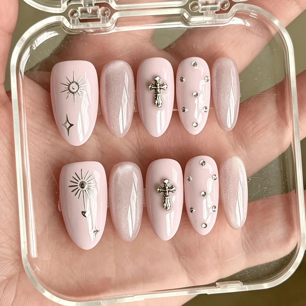 10 Pieces of Almond-Shaped Nude Pink Cross-Rhinestone Handmade Press-On Nails, a Y2K Sweet and Cool Girl Style Essential; Featur