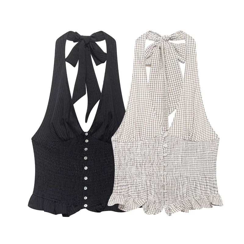 Women's Top 2026 Summer Chic Fashion Sexy Single-Breasted Sleeveless Deep V Halter Beach Vacation Women's Vest Top