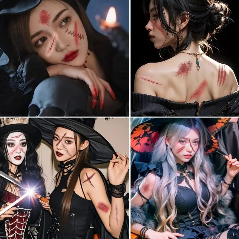 New 10 Sheets 3D Realistic Scar Tattoos Waterproof Fake Bloody Wound Stickers For Halloween Cosplay Face Body Makeup Adults