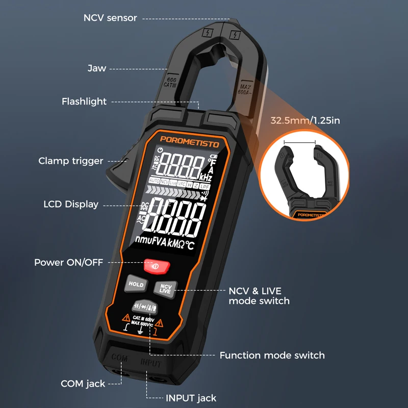 Imagem -05 - Porometisto-digital Clamp Meter Auto Alcance Amperímetro Alicate Contagem 600a True Rms Multímetro dc Tensão Corrente ac Cm01se