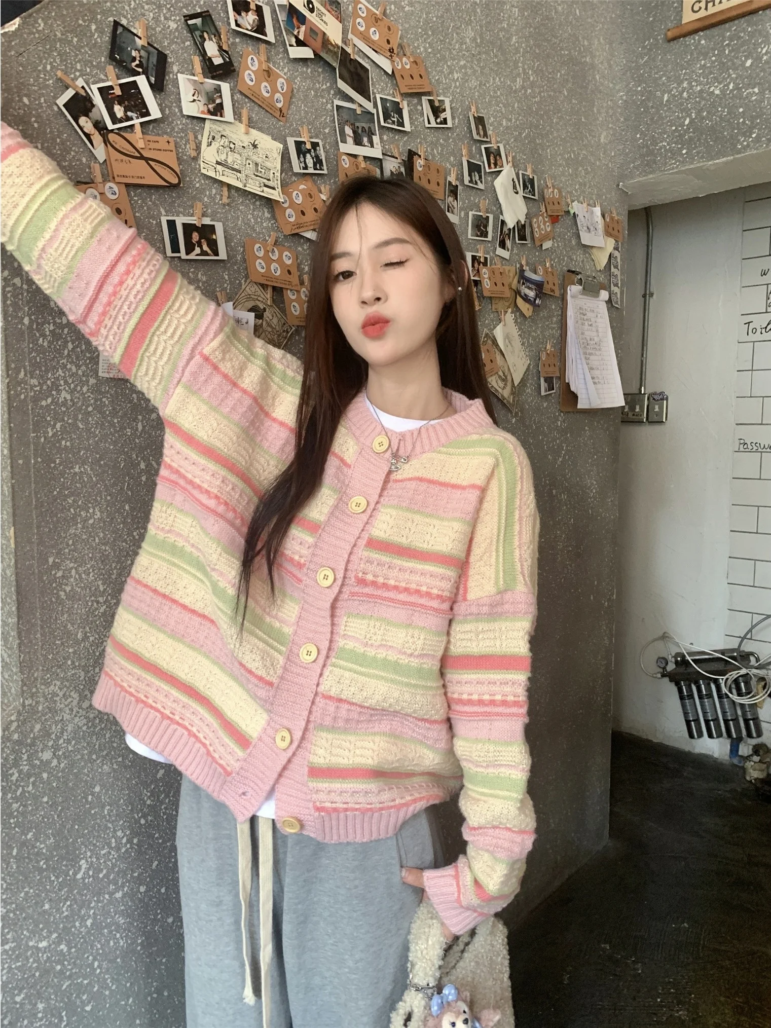 Korean Sle Striped Knitted Sweater Coat Women's Loose Slimming Lazy Sweet Top Autumn New Arrival Single Button Long Sve ...