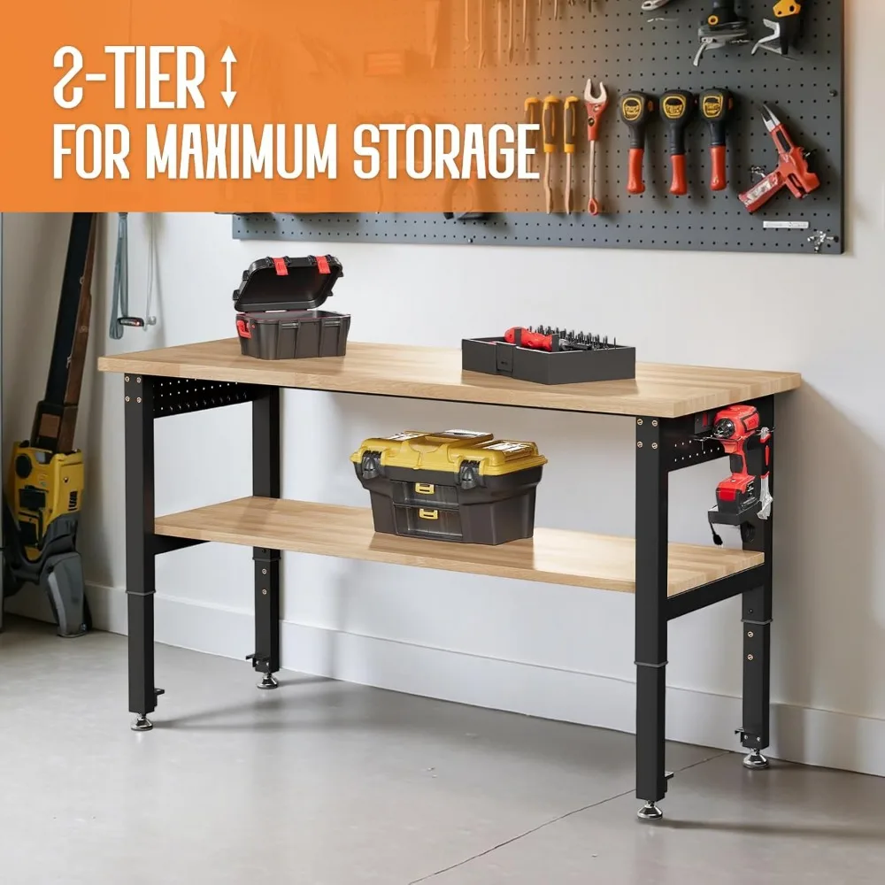 منضدة عمل شديدة التحمل بطبقتين قابلة للتعديل مع 4 منافذ تيار متردد و2 USB، سعة 2000 رطل، قوة صناعية، تصميم مريح