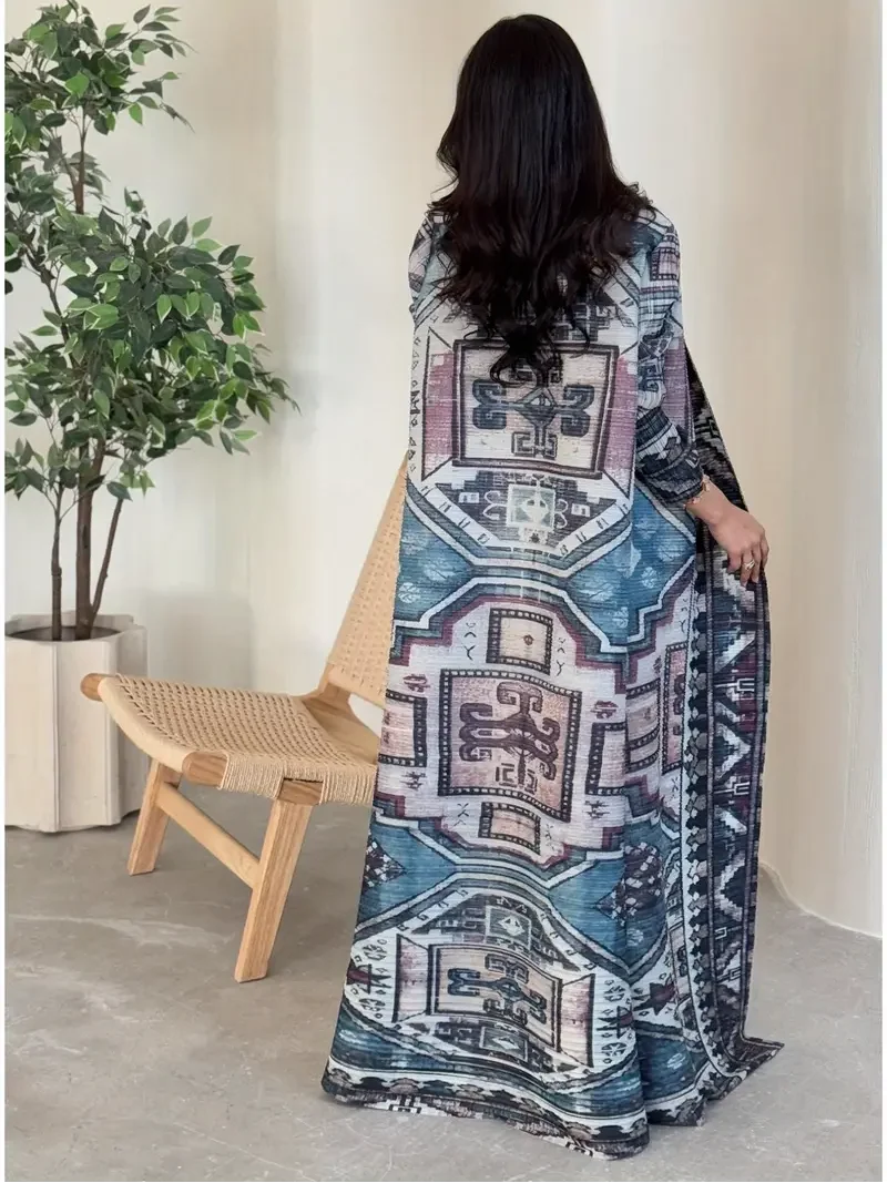 Pleated long coat, Middle Eastern Abaya robe, geometric print women's cape, customizable and wholesale available.