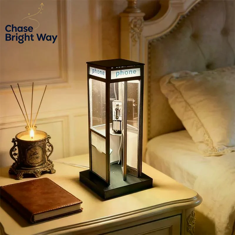 Vintage Tall Phonebooth Lamp Retro Desk Lighting Creative British Red Booth Night Light for Home Office Study