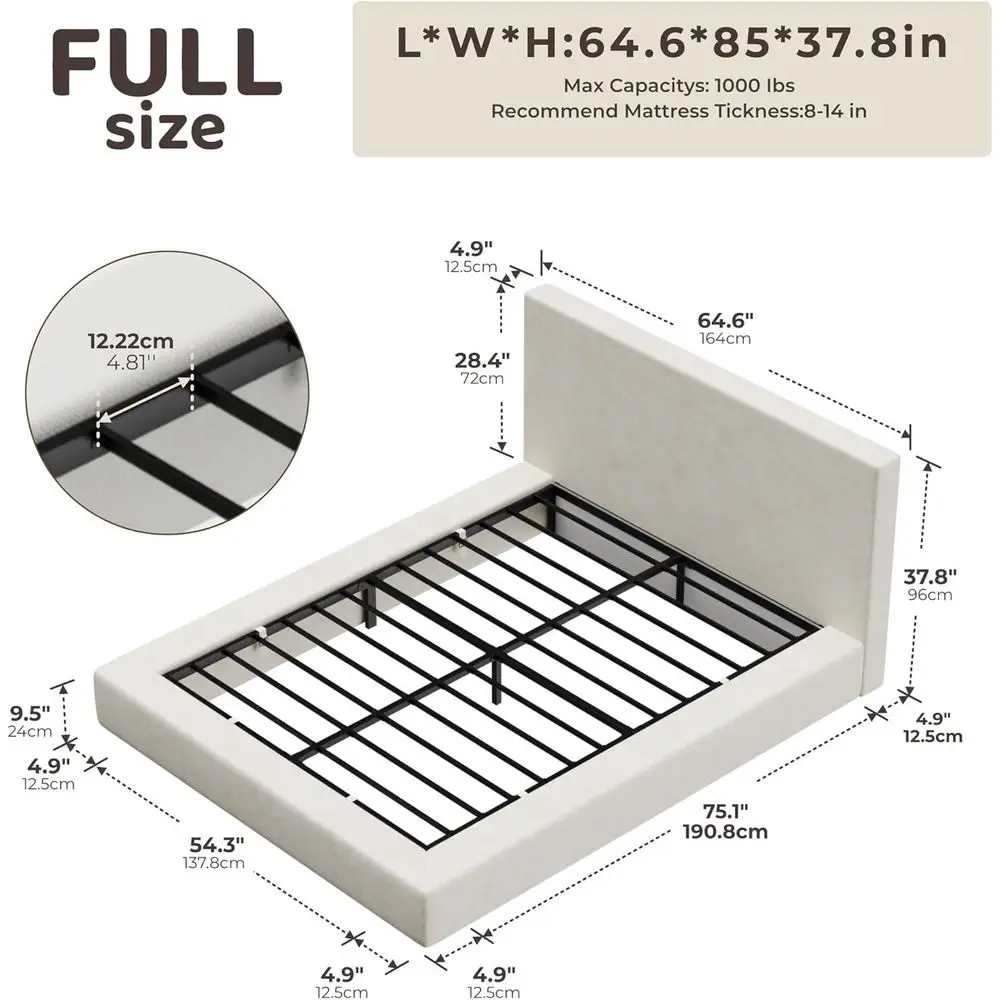 سرير كامل منجد كريمي RECCI مع لوح رأسي مبطن، 5 منصات إسفنجية، لا حاجة إلى صندوق زنبركي، سهل التجميع