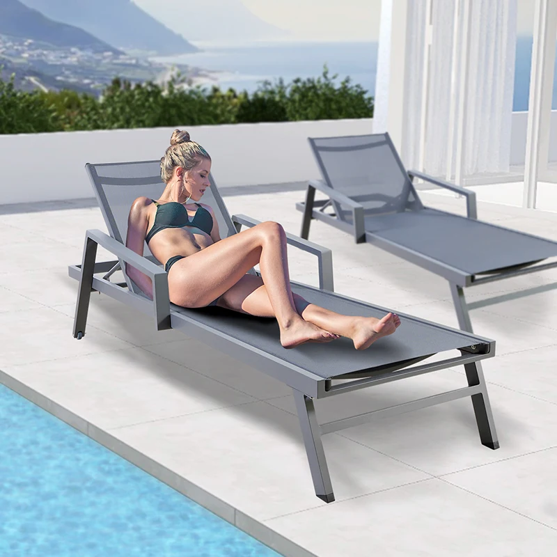 wholesale hotel swimming pool waterproof sun lounger folding aluminum beach chaise lounger chair outdoor furniture