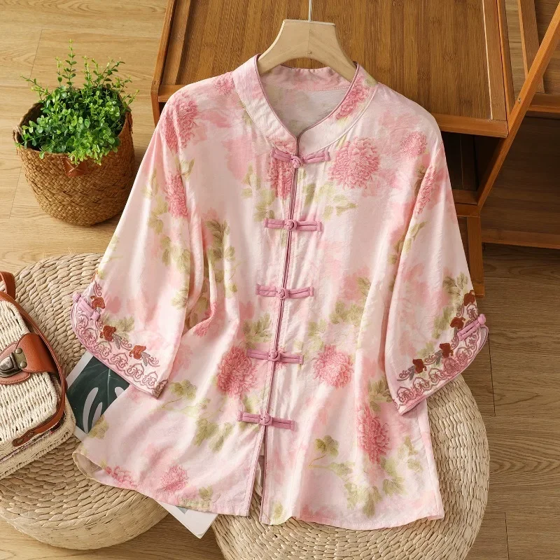 

Chinese Style Women's Blouses Embroidered Vintage Shirts Loose Summer Clothing Printed Short Sleeve Cotton Linen Women Tops