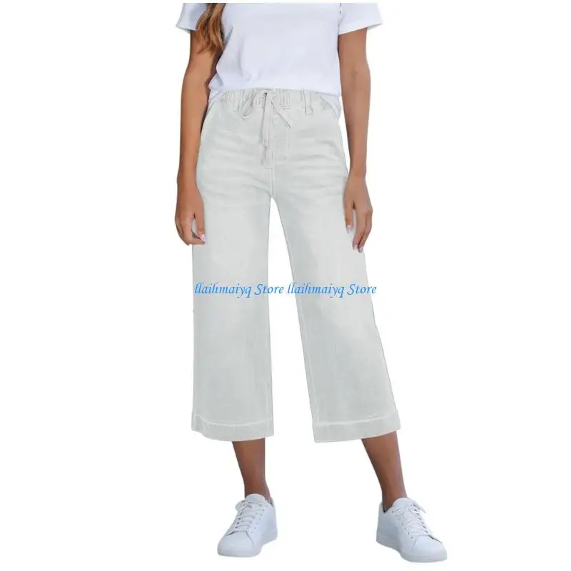 573B Women's Fashion Wide Leg Capris Pants High Waist Drawstring Comfortable Trousers for Casual and Prom Outfits