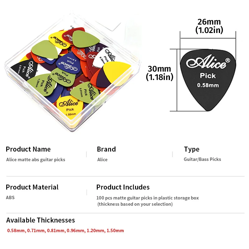 Alice Guitar Picks 100pcs Matte Anti-Slip 0.58-1.5mm Mixed Thickness Picks with Box, Suitable for Acoustic & Electric Guitars