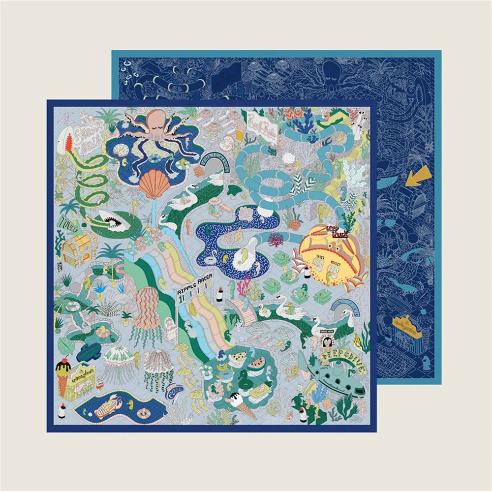 

POBING Manual Hand Rolled Twill Silk Scarf Women Ocean Park Double Print Square Scarves Wraps Echarpes Foulards Femme Hijab 90CM