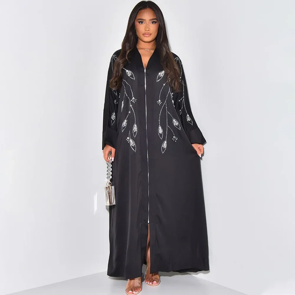 Saudi Arabian Casual Muslim Women\'s Clothing Robe, Abaya, Fashionable Heat-set Diamond Zippered, High-quality Juba Long Dress