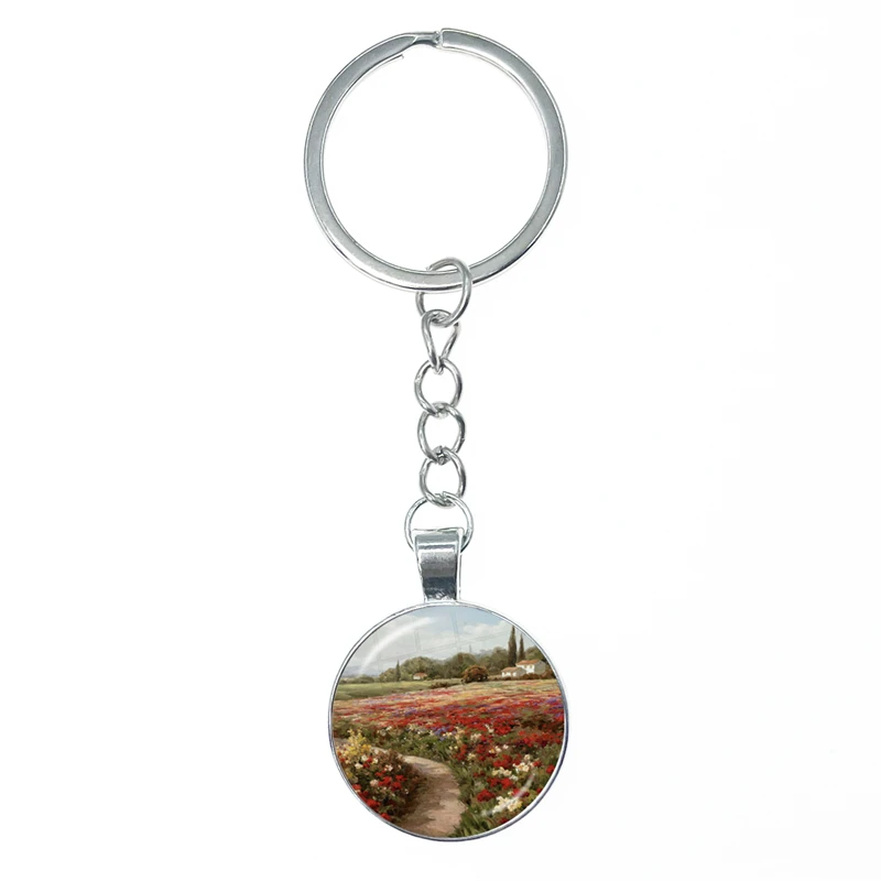 Claude Monet Oil Painting Sunflower Poppy Keychain Glass Cabochon KeyRing Bag Car Key Chain Ring Holder Charms Jewelry Gifts