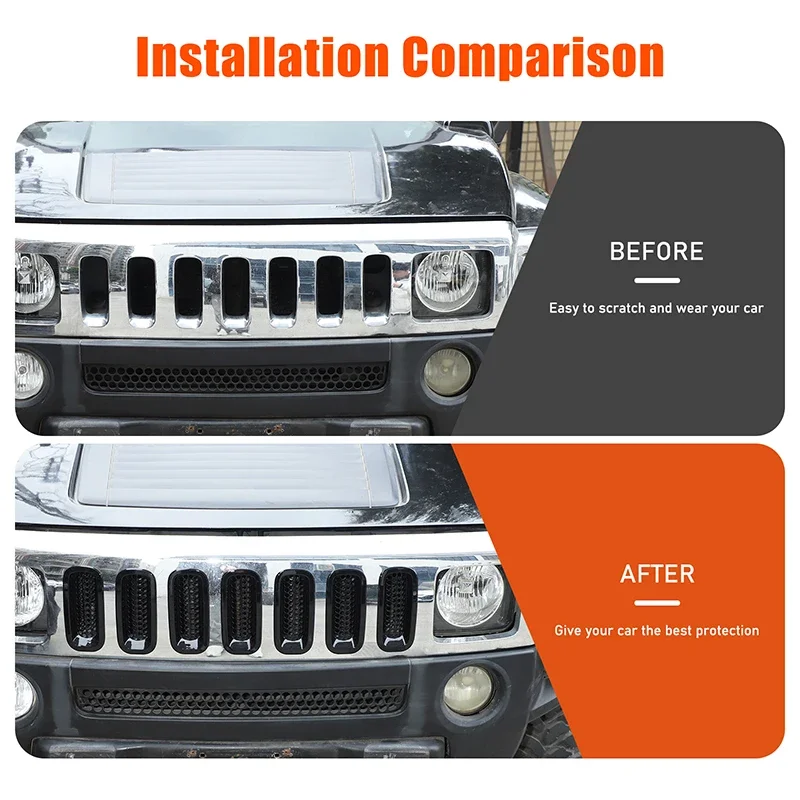 7Pcs ABS Black For Hummer H3 2005-2009 car front grille insect-proof mesh cover decorative sticker Car protection accessories