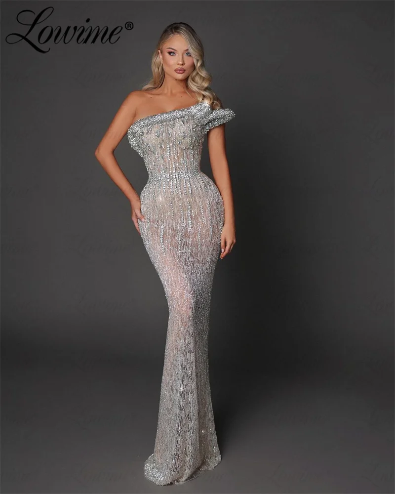 Couture 2024 Silver Prom Dress Heavy Beads Strapless Mermaid Party Gowns For Wedding Aso Ebi Birthday Engagement Evening Dresses