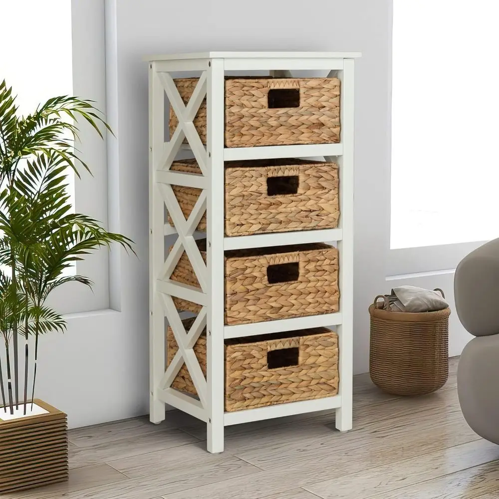 4 Tier X-Side End Storage Cabinet, White | 4 Wicker Baskets, End Table, Side Table
