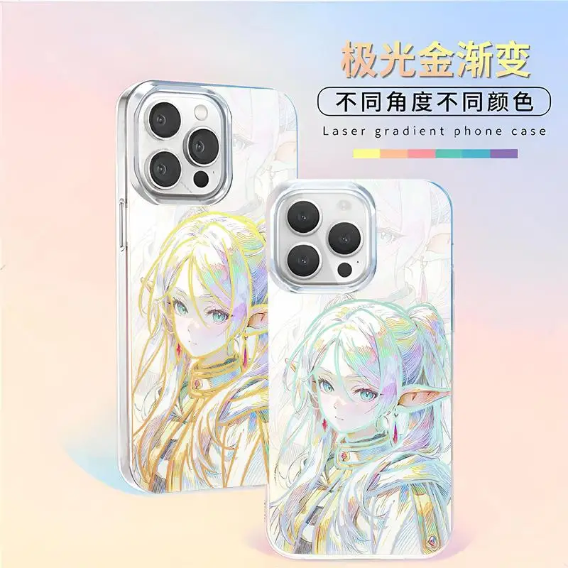 Funda para Teléfono con Diseño de Anime Frieren Beyond Journey's End para iPhone 11 12 13 14 15 16 17 Pro Max Plus Air 17Pro, con Efecto Arcoíris Láser Aurora