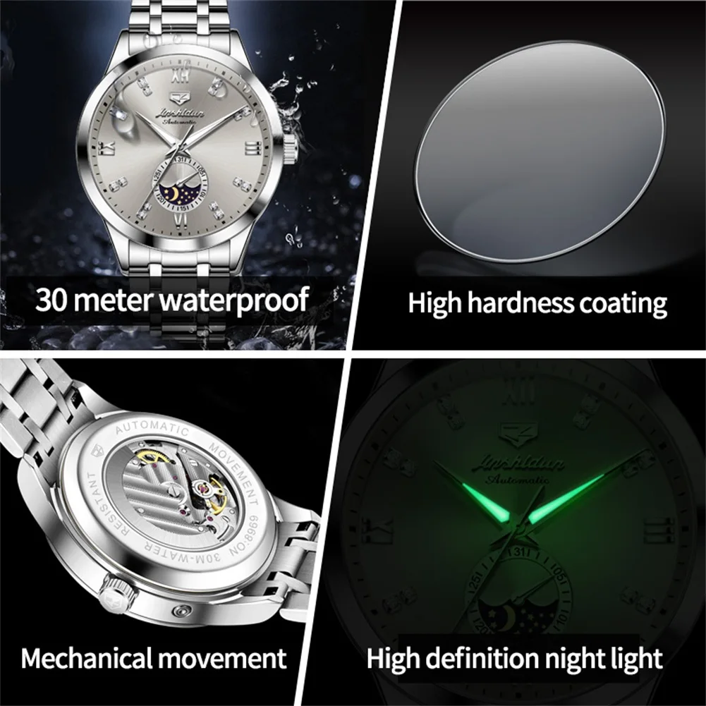 JSDUN Men\'s Watches Luxury Top Brand Original Automatic Mechanical Wirst Watch for Man Waterproof Luminous Moon Phase Trend Grey