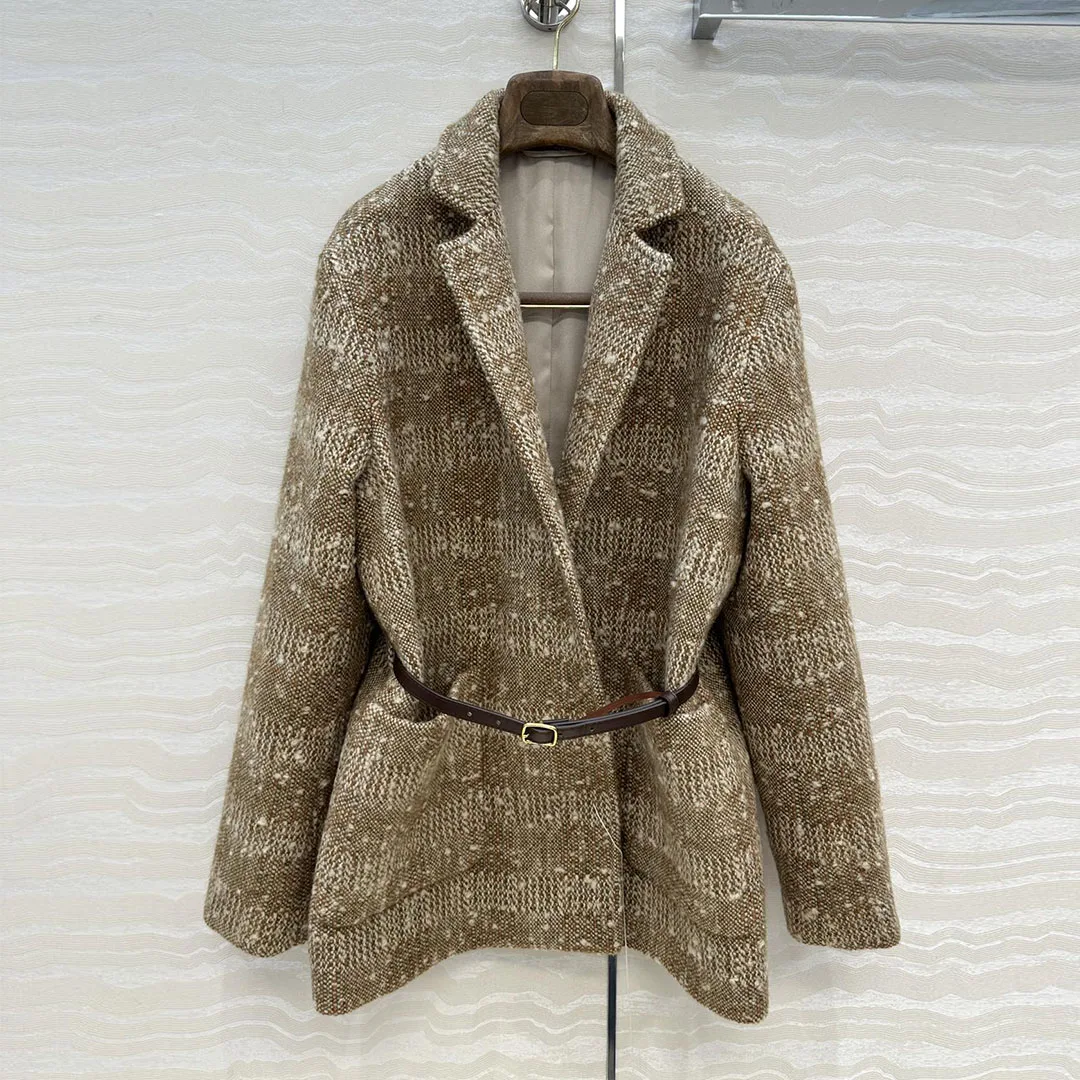 

New Fall Winter 78% Wool Tweed Long Blazer Jacket Women Notched Long Sleeve Slim Leather Belt Pockets Elegant Fashion Suit Coat