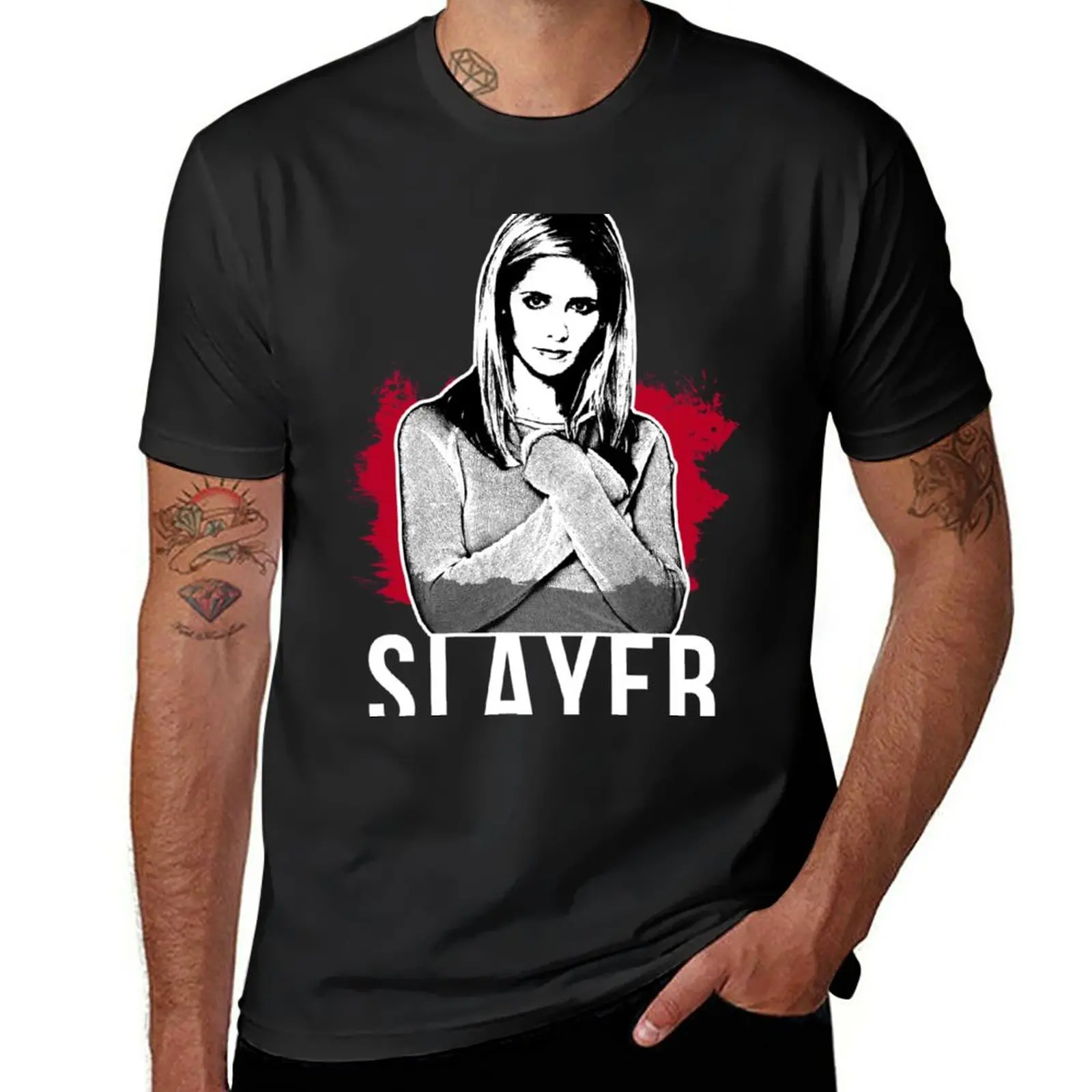 New Slayer Portrait - Red with White Text (BtVS) T-Shirt T-shirt for a boy black t shirt designer t shirt men