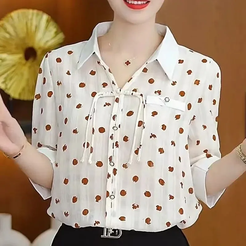 Summer New Fashionable Short Sleeved Printed Slimming Shirt with Three Quarter Sleeves and Round Neck All Match Top