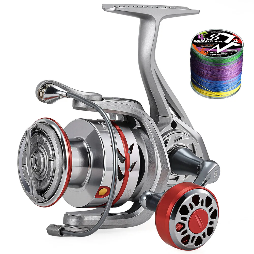 Sougayilang 1500-5000 Spinnrolle mit Aluminiumlegierungsspule, Max. Bremskraft 16kg, Gratis 100m Schnur, für Bass- und Süßwasserfischen