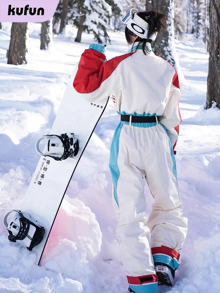 KUFUN ملابس التزلج الزي العام مقاوم للماء بذلة سميكة على الجليد قطعة واحدة يندبروف الثلوج الرياضة فضفاضة الكبار سيدة مراهقة