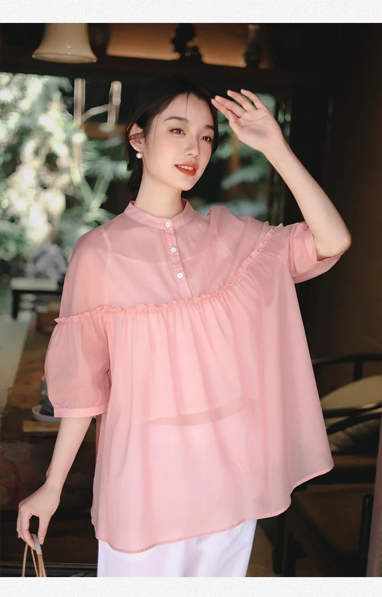 

See Through Blouse Women Cotton Half Button Shirt Tunic Ruffed Tiered Tops Summer