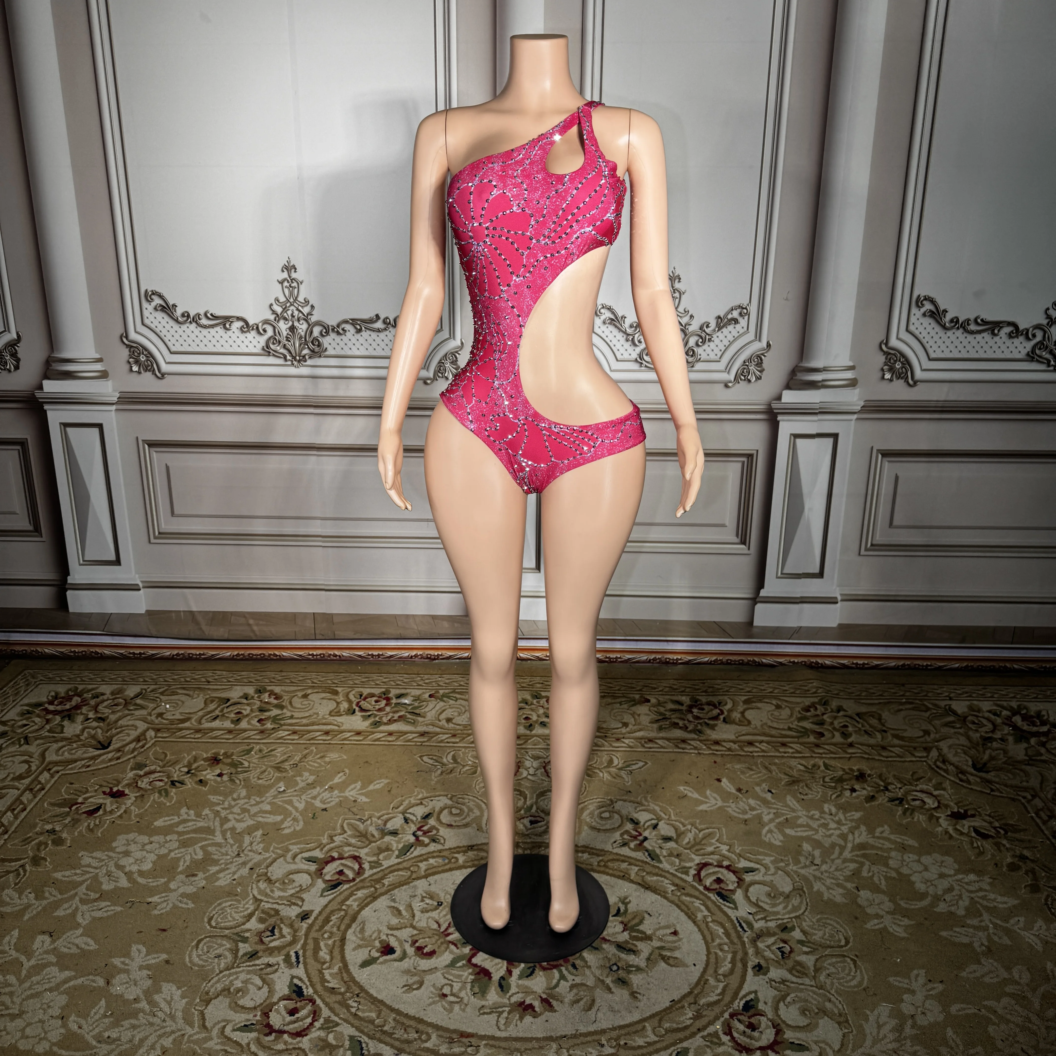 

ZD New Sexy Hot Pink Starburst Monokini Women One-Shoulder Cutout Sparkly Crystals Bather